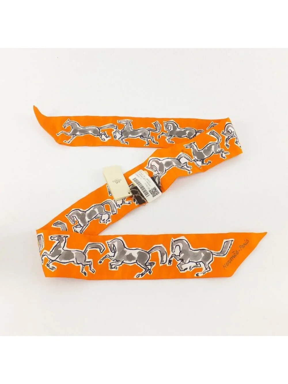 Hermes Heaven Twilly Chevaux en Liberte Horse of Freedom Orange Gray 14 Scarf - Picture 6 of 9